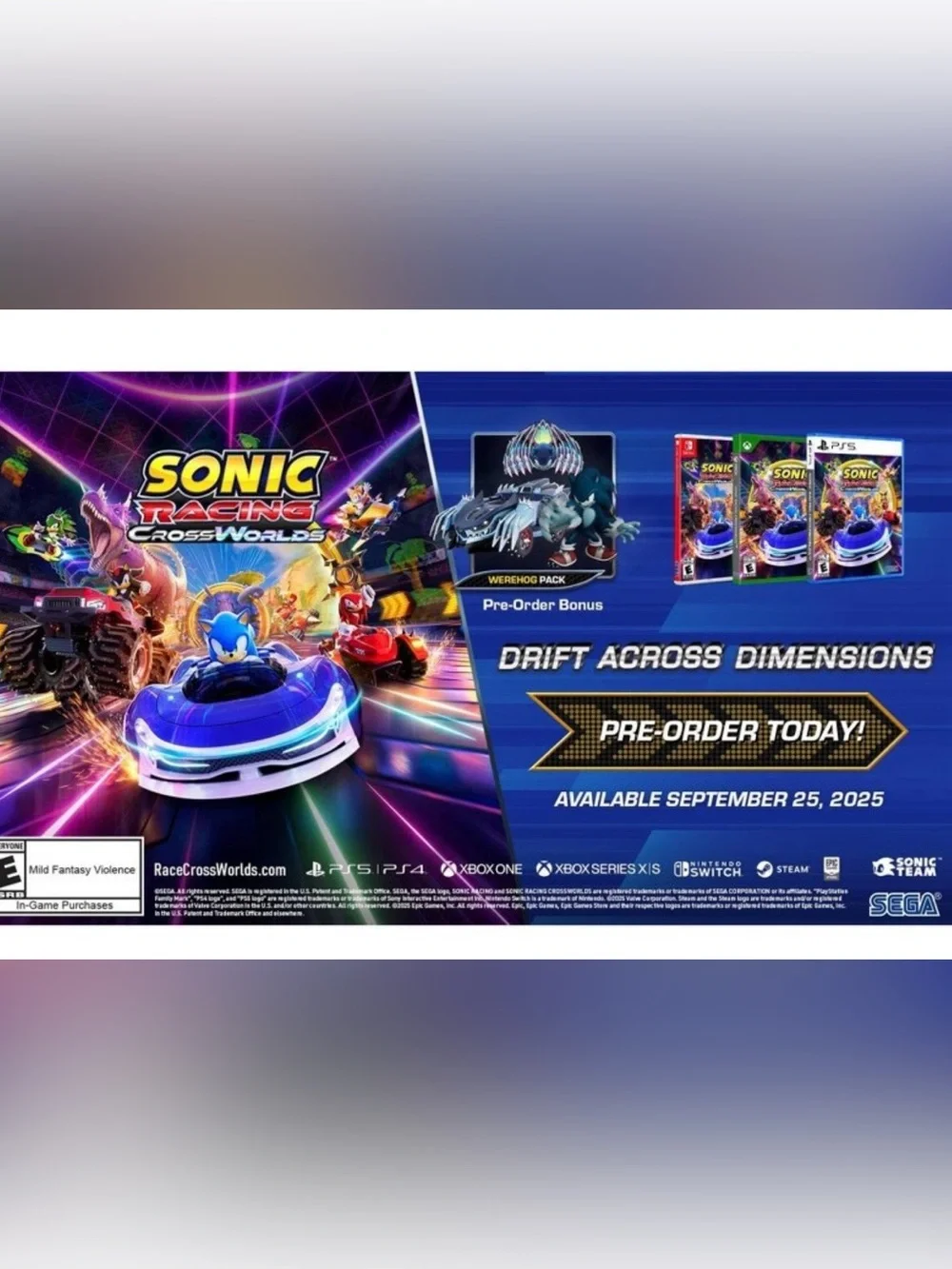 Sonic Racing: CrossWorlds Launch Edition for Nintendo Switch video game NEW!